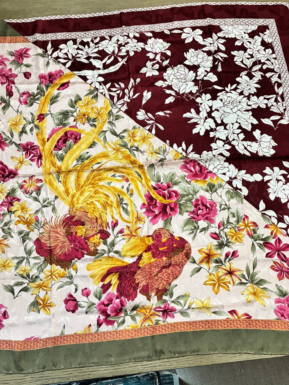 Balenciaga Burgundy, Yellow & Pink Floral Rooster Silk Scarf